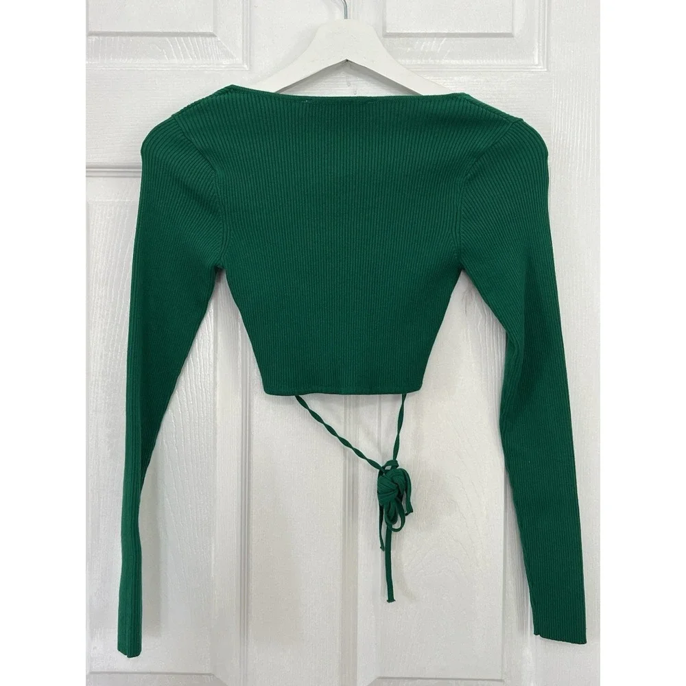 Zara Green Ribbed Cutout Tie Waist Crop Top Size S Coquette Y2K Party Night Out